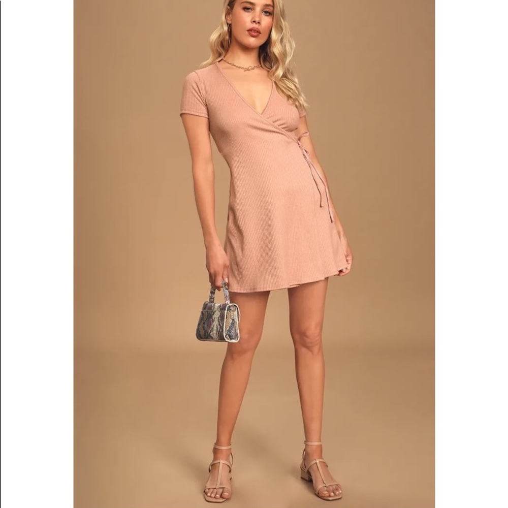 Dusty Pink Ribbed Side-Tie Mini Dress